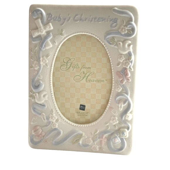 Baby's Christening Fame Ceramic White Blue & Pink Cross Oval Russ 5"x3.5" - Picture 2 of 5